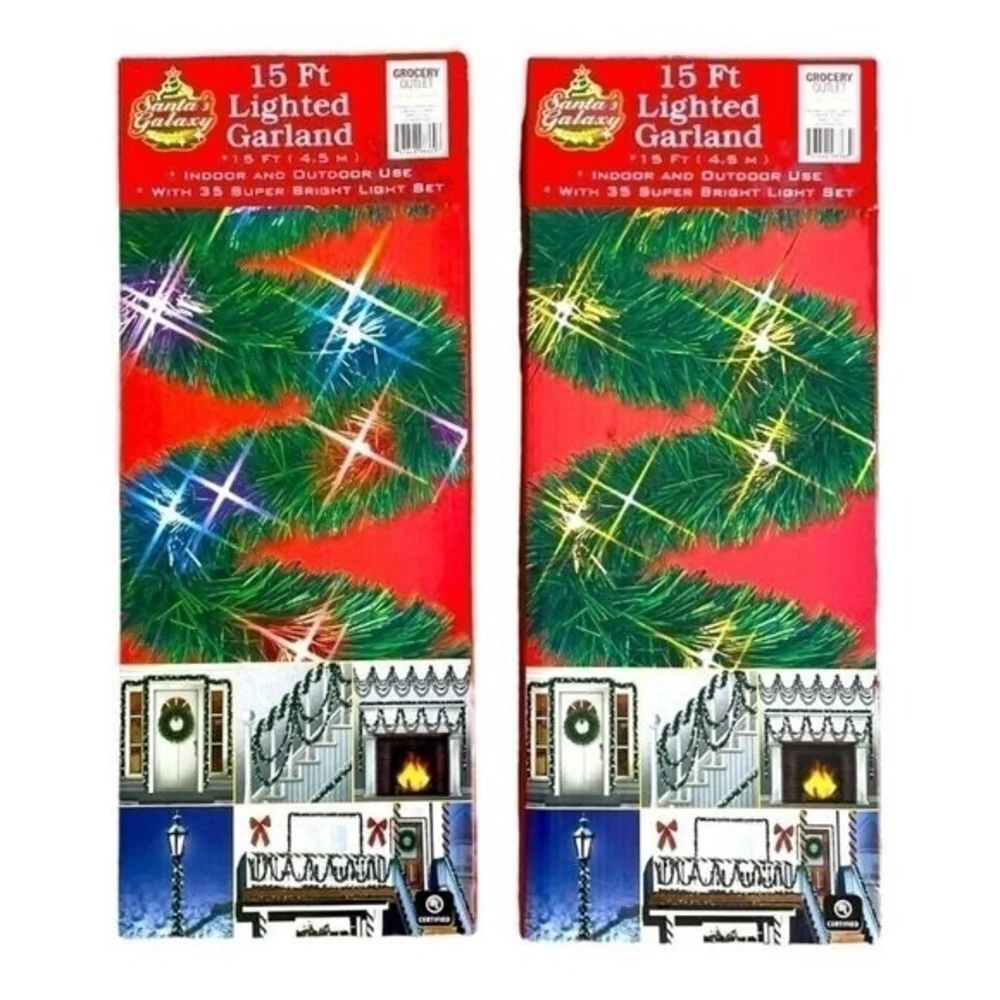 Pair of Lighted Christmas Garland 15ft 35 Super Bright Lights Indoor Outdoor NIB